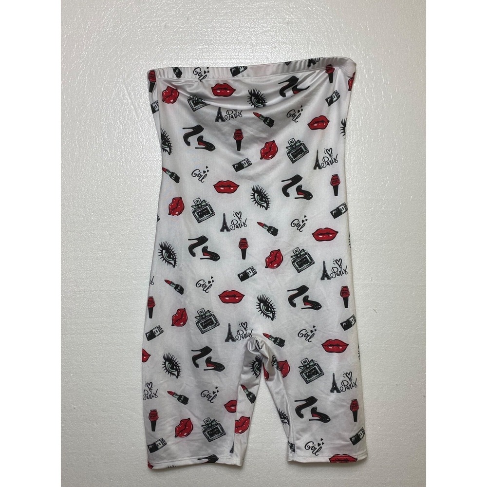 Fashion Nova White Strapless Romper W/ Fun Lipstick & Eye Print Sexy Bodycon Hot